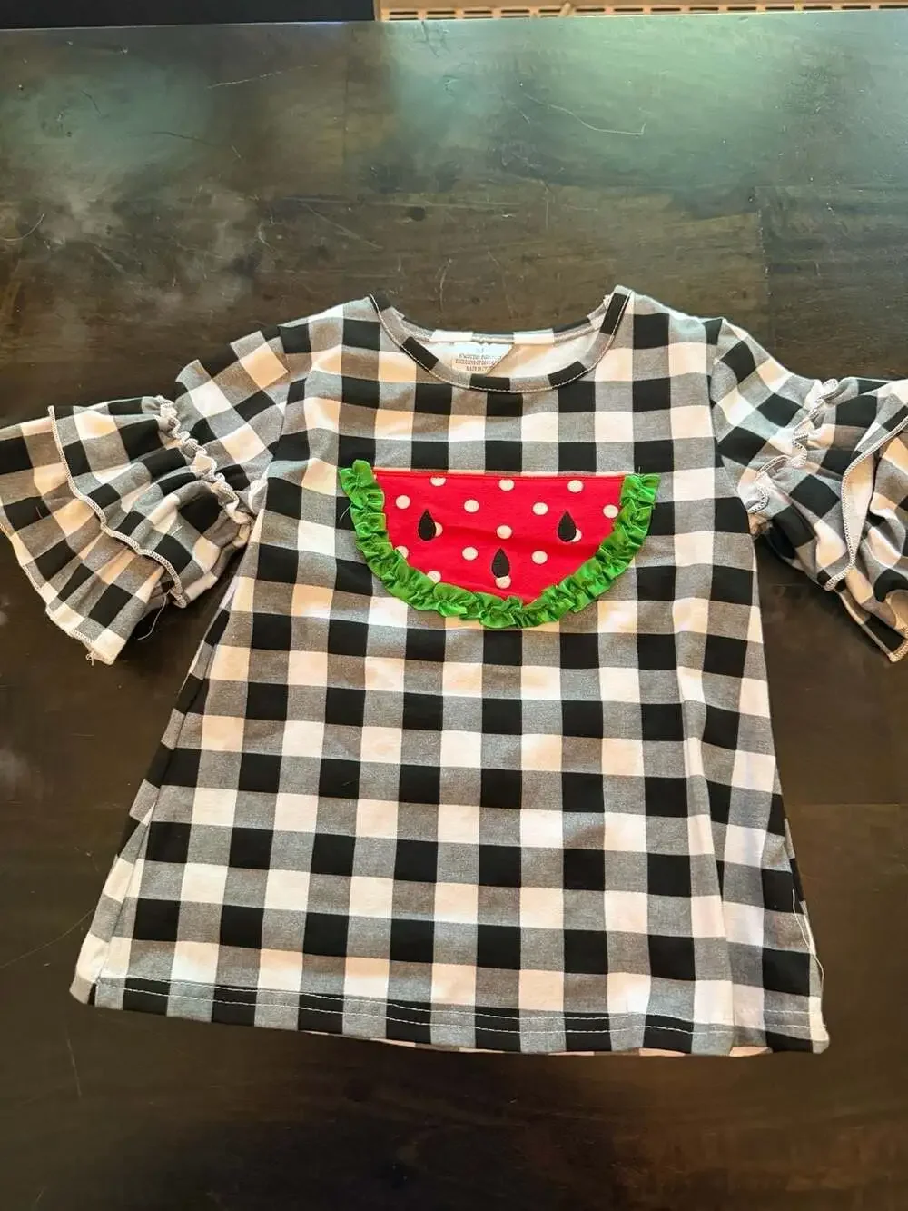 Girls Watermelon Black White Gingham Ruffle Sleeve Top and Red Denim Shorts